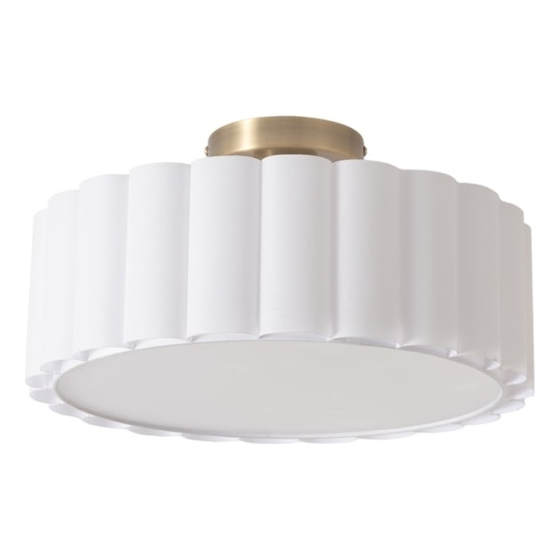 Scalloped Flush Mount Lamp in Weathered Brass with White Linen Shade