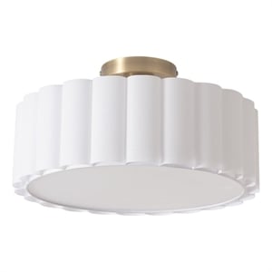 Scalloped Flush Mount Lamp in Weathered Brass with White Linen Shade