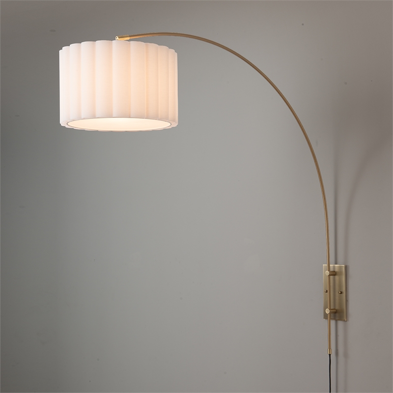 Scalloped Wall Arc Lamp - Weathered Brass  White Linen  Diffuser