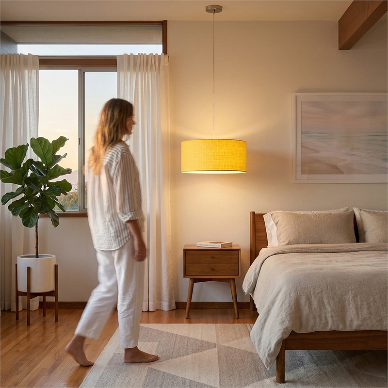 Stretch Pendant - Satin Nickel Mustard Linen Shade Dimmable Bulb Included