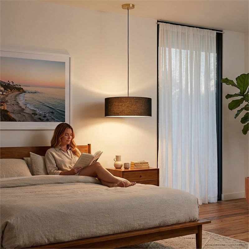 Stretch Pendant - Weathered Brass Black Linen Shade Dimmable Bulb Included