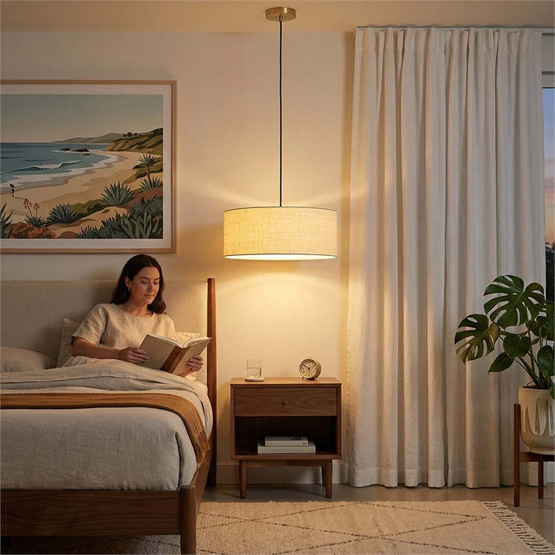 Stretch Pendant - Weathered Brass White Linen Shade Dimmable Bulb Included