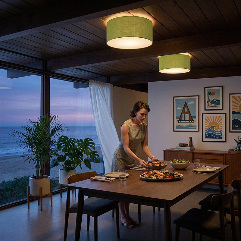 Stretch Flush Mount Avocado Linen Drum Shade Weathered Brass