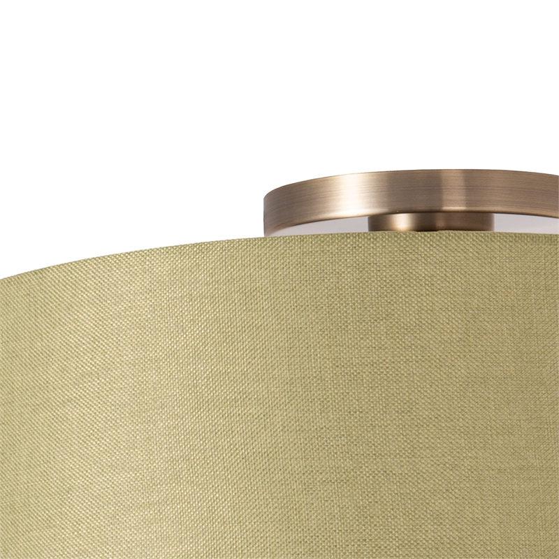Stretch Flush Mount Avocado Linen Drum Shade Weathered Brass