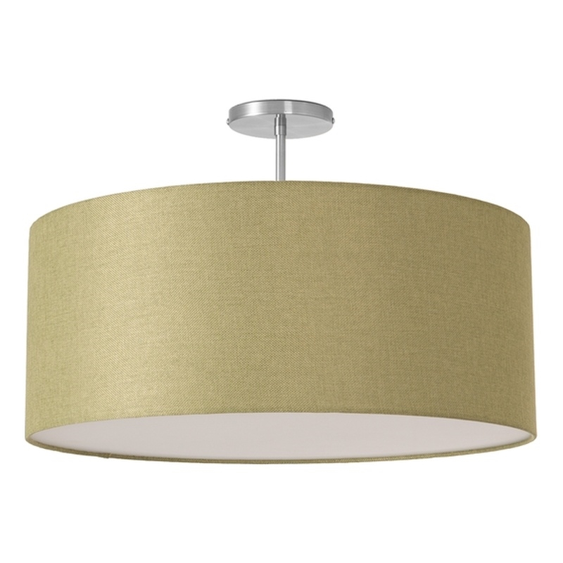 Stretch Semi Flush Mount Avocado Linen Drum Shade Satin Nickel