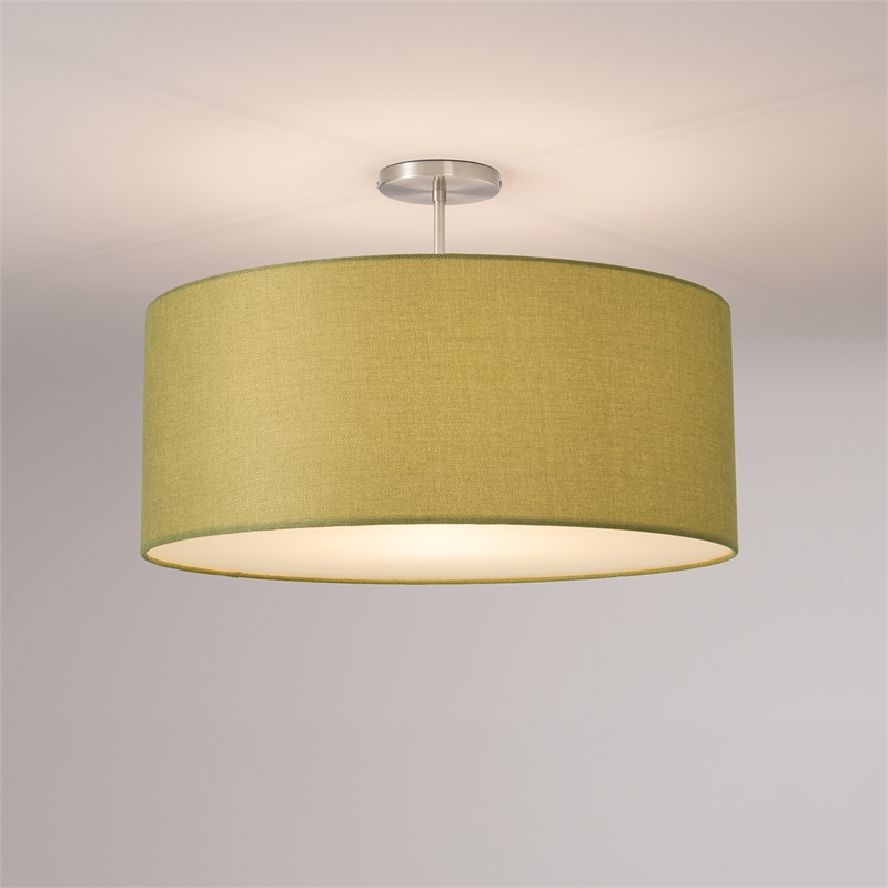 Stretch Semi Flush Mount Avocado Linen Drum Shade Satin Nickel