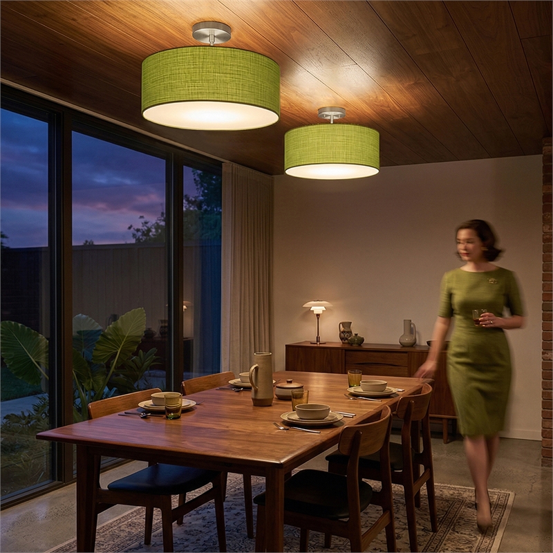 Stretch Semi Flush Mount Avocado Linen Drum Shade Satin Nickel