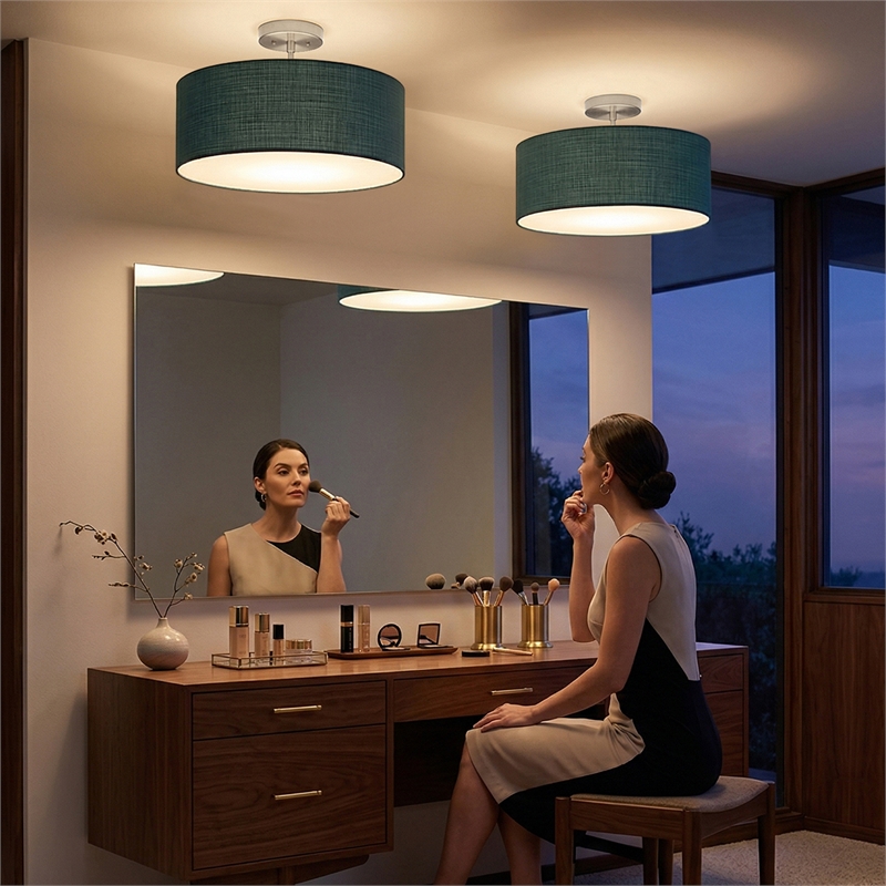 Stretch Semi Flush Mount  Pool Blue Linen Drum Shade Satin Nickel