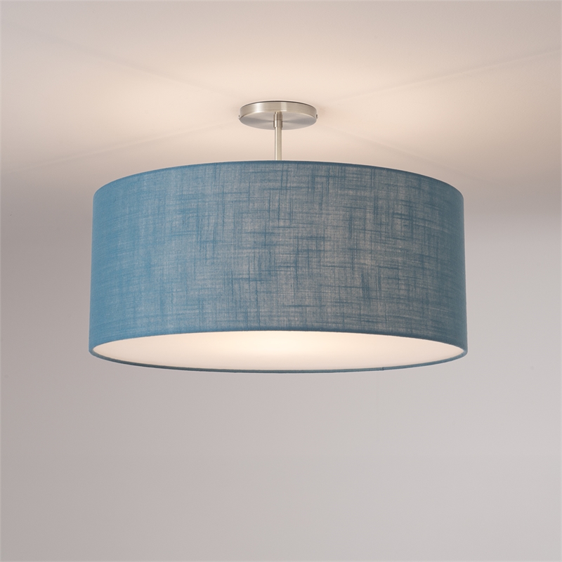 Stretch Semi Flush Mount  Pool Blue Linen Drum Shade Satin Nickel