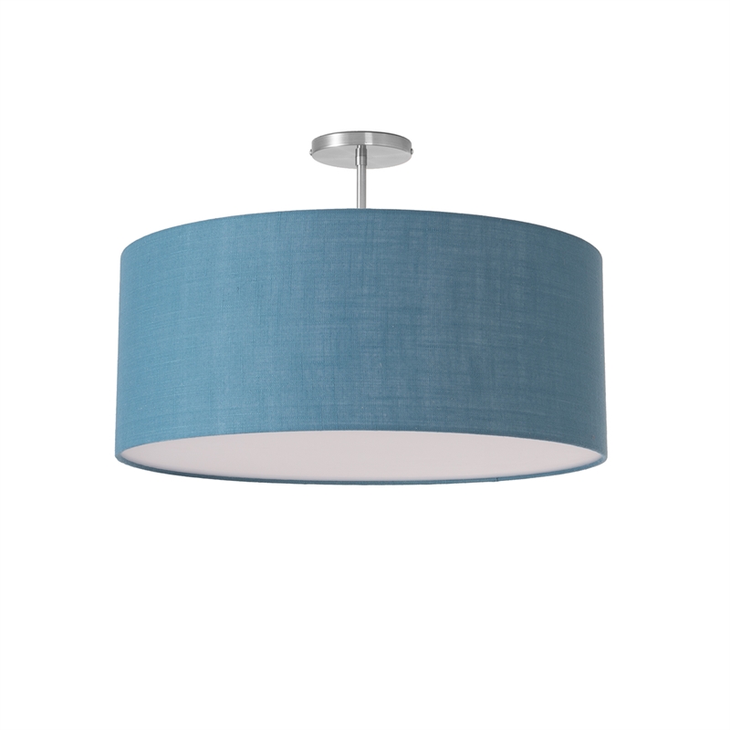 Stretch Semi Flush Mount  Pool Blue Linen Drum Shade Satin Nickel