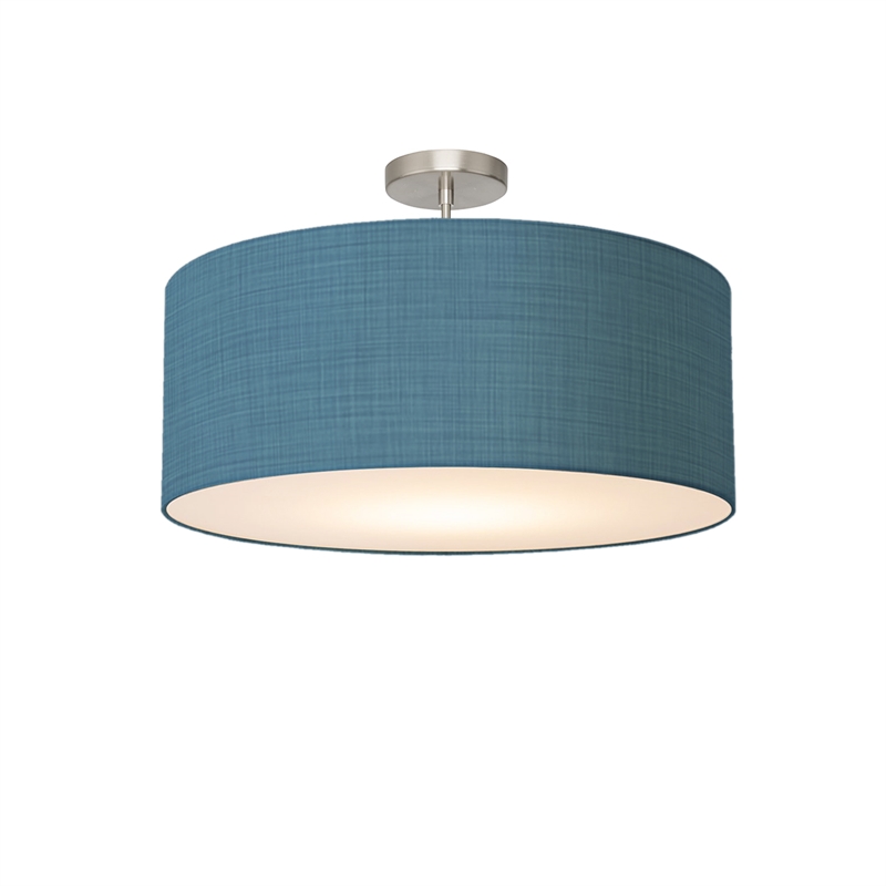 Stretch Semi Flush Mount  Pool Blue Linen Drum Shade Satin Nickel