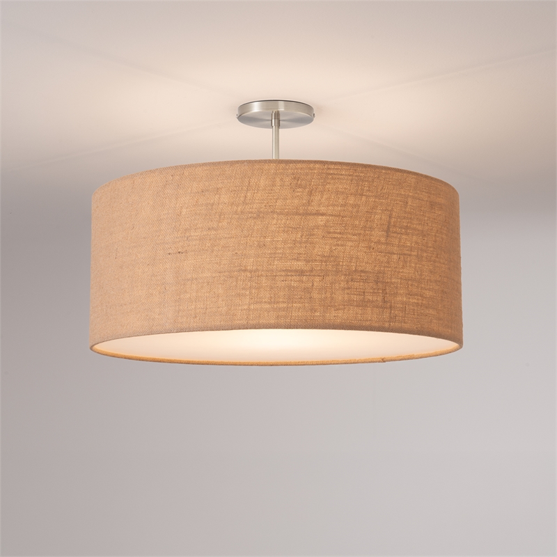 Stretch Semi Flush Mount Burlap Shade Satin Nickel