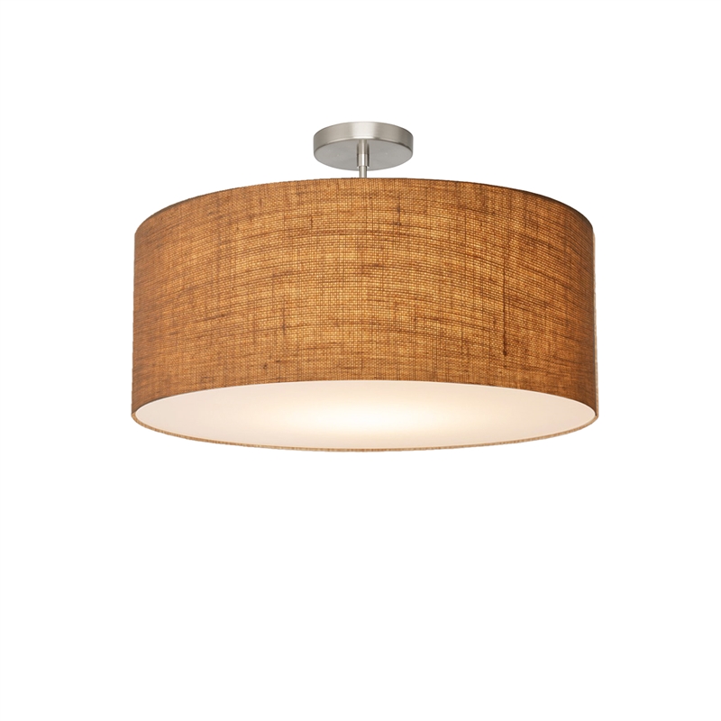 Stretch Semi Flush Mount Burlap Shade Satin Nickel