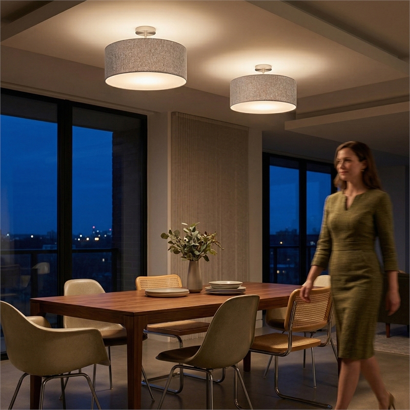 Stretch Semi Flush Mount Cashmere Gray Linen Drum Shade Satin Nickel