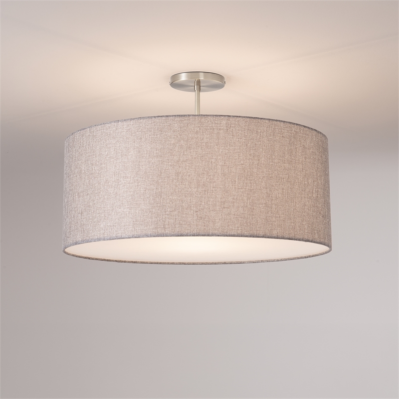Stretch Semi Flush Mount Cashmere Gray Linen Drum Shade Satin Nickel