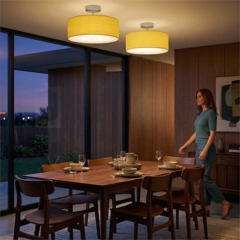 Stretch Semi Flush Mount Mustard Linen Drum Shade Satin Nickel