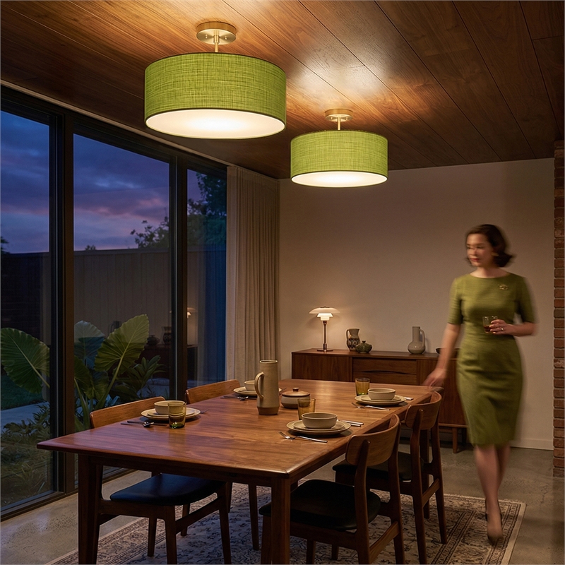 Stretch Semi-Flush Mount - Weathered Brass Steel Base Avocado Linen Shade Dimmable