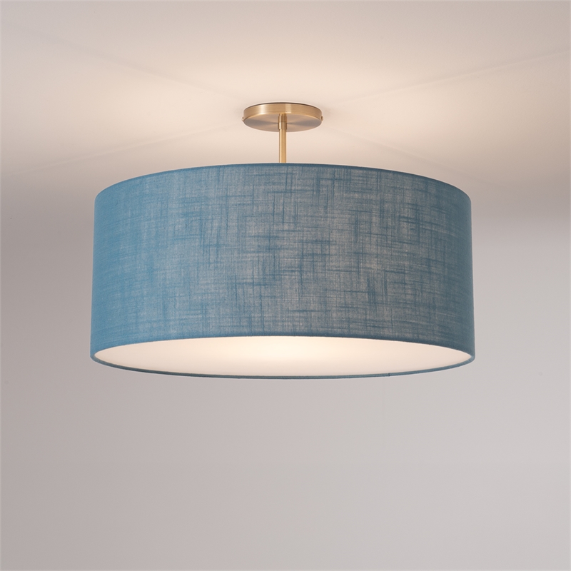 Stretch Semi-Flush Mount - Weathered Brass Steel Base Pool Blue Linen Shade Dimmable