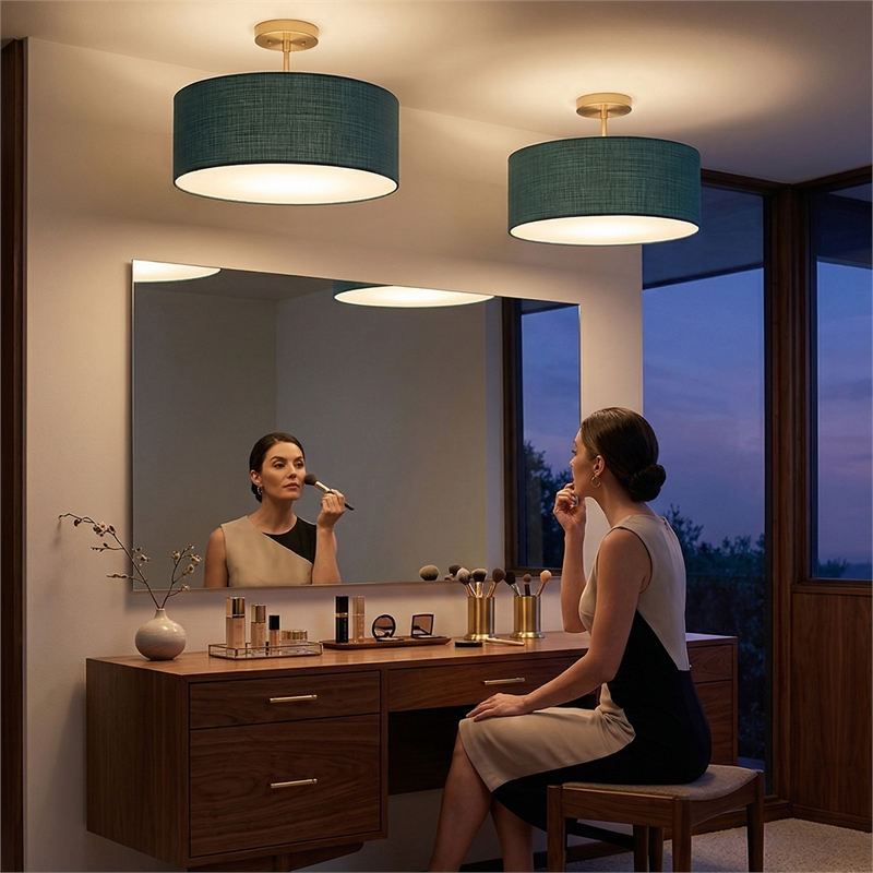 Stretch Semi-Flush Mount - Weathered Brass Steel Base Pool Blue Linen Shade Dimmable