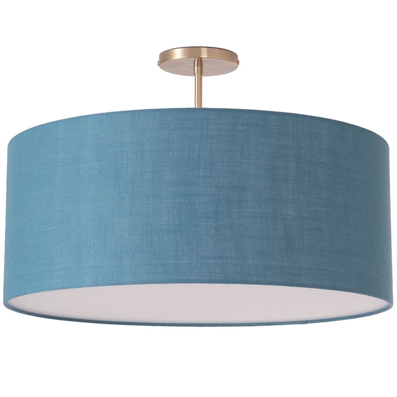 Stretch Semi-Flush Mount - Weathered Brass Steel Base Pool Blue Linen Shade Dimmable