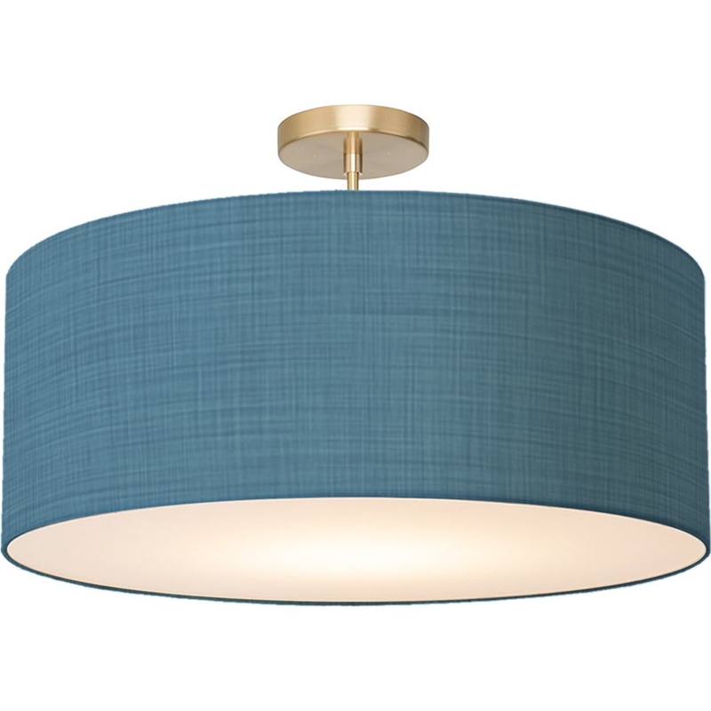 Stretch Semi-Flush Mount - Weathered Brass Steel Base Pool Blue Linen Shade Dimmable