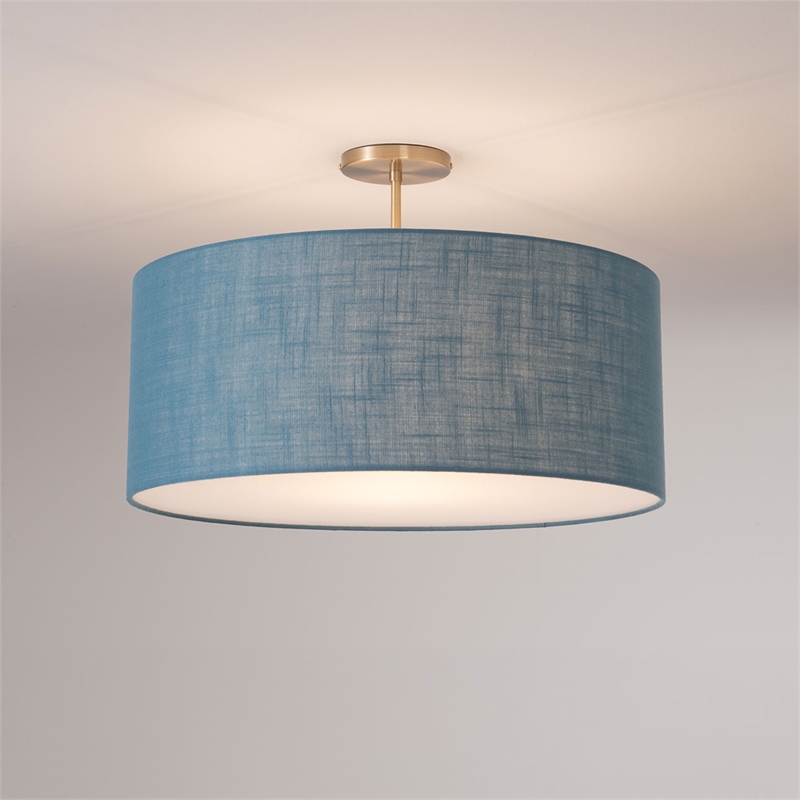 Stretch Semi-Flush Mount - Weathered Brass Steel Base Pool Blue Linen Shade Dimmable