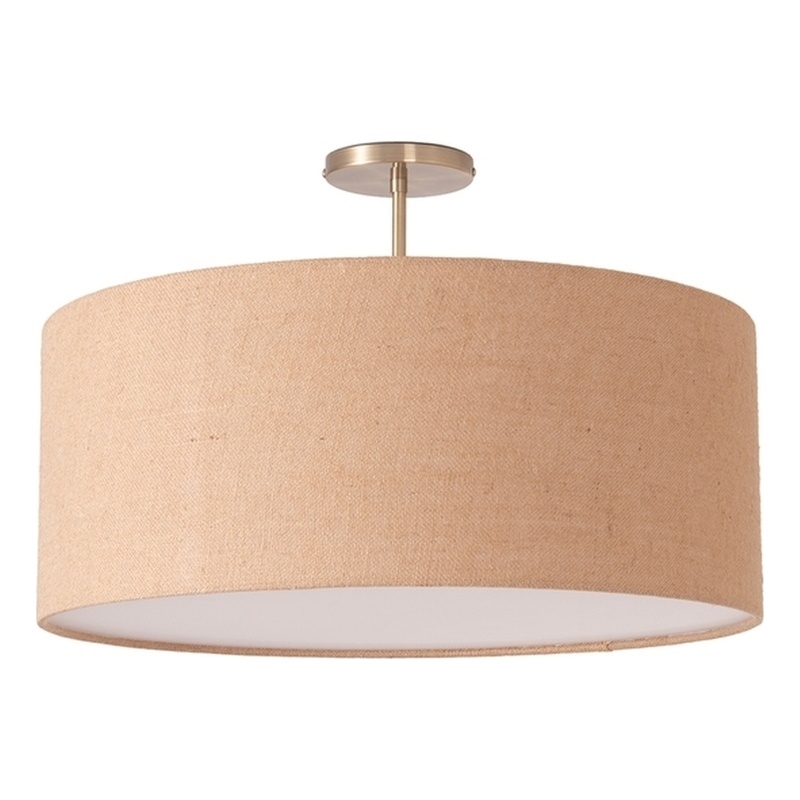 Stretch Semi-Flush Mount - Weathered Brass Steel Base Burlap Shade Dimmable