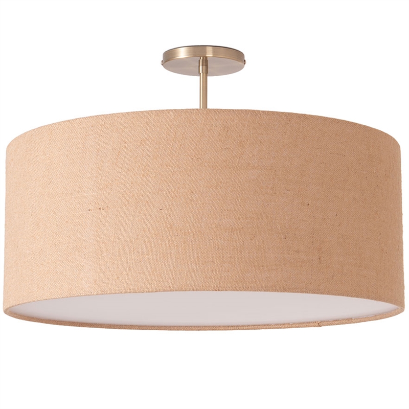 Stretch Semi-Flush Mount - Weathered Brass Steel Base Burlap Shade Dimmable