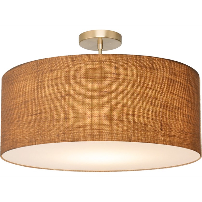 Stretch Semi-Flush Mount - Weathered Brass Steel Base Burlap Shade Dimmable