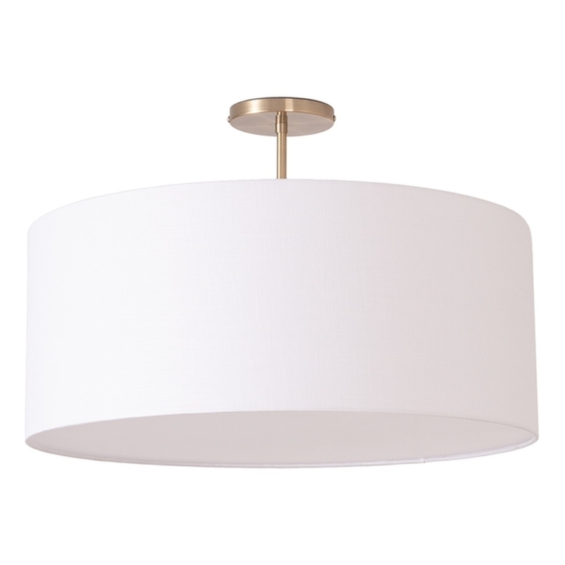Stretch Semi Flush Mount White Linen Drum Shade Weathered Brass