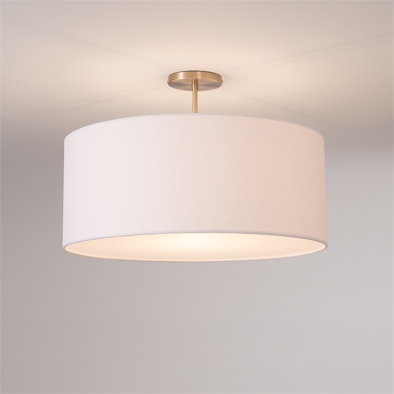 Stretch Semi Flush Mount White Linen Drum Shade Weathered Brass
