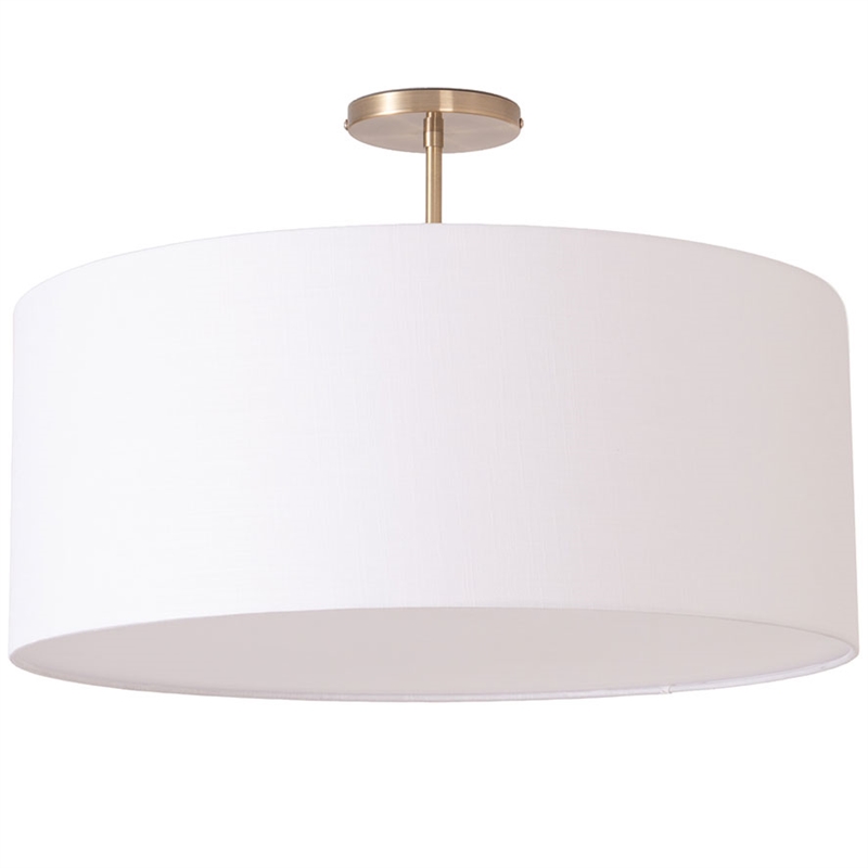 Stretch Semi Flush Mount White Linen Drum Shade Weathered Brass