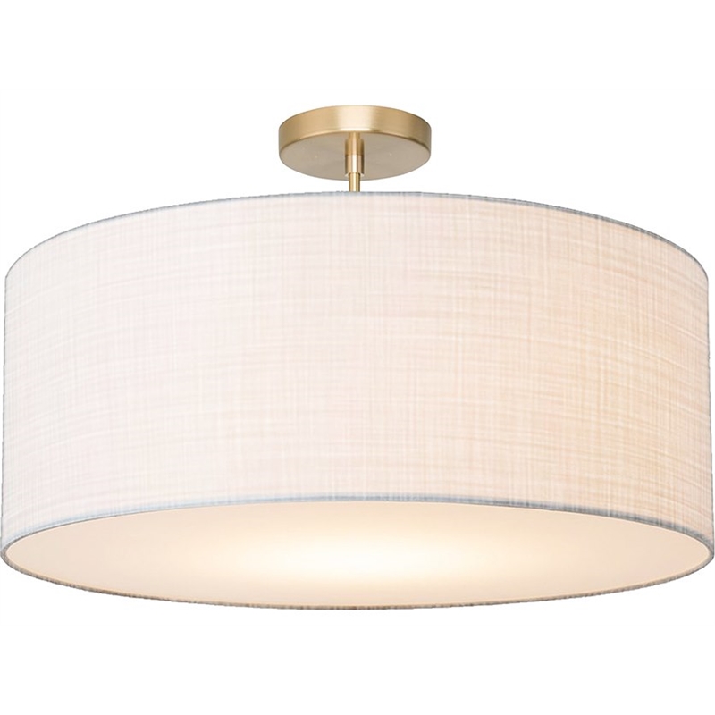 Stretch Semi Flush Mount White Linen Drum Shade Weathered Brass
