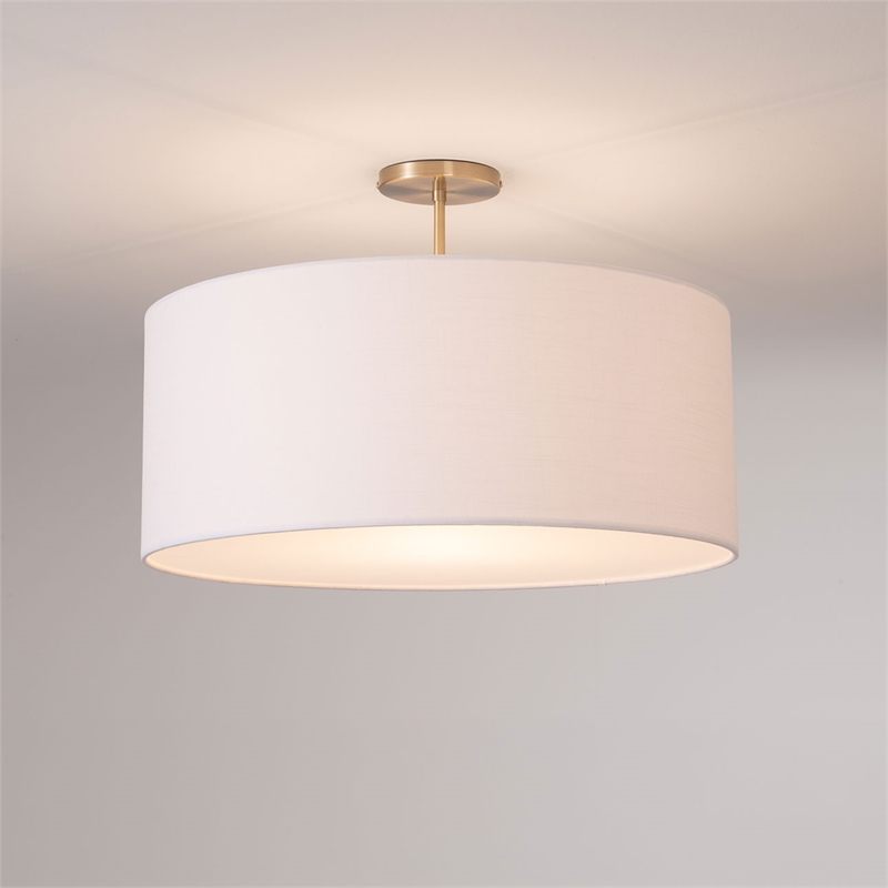 Stretch Semi Flush Mount White Linen Drum Shade Weathered Brass
