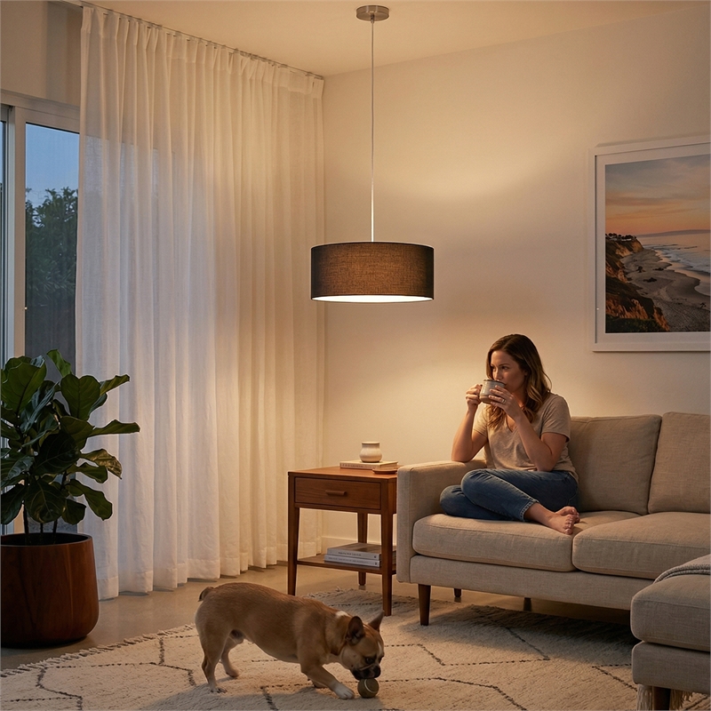 Stretch Pendant - Black Steel Black Linen Shade Dimmable Bulb Included