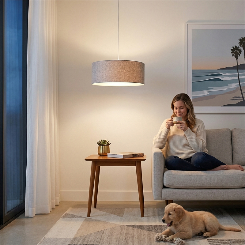 Stretch Pendant - Satin Nickel Cashmere Gray Linen Shade Dimmable Bulb Included