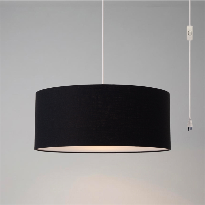 Stretch Swag Lamp Black Linen Drum Shade Satin Nickel