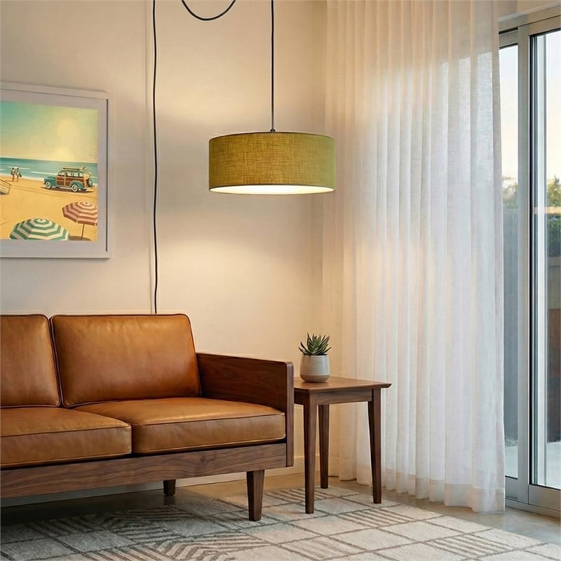 Stretch Swag Lamp Avocado Linen Drum Shade Weathered Brass
