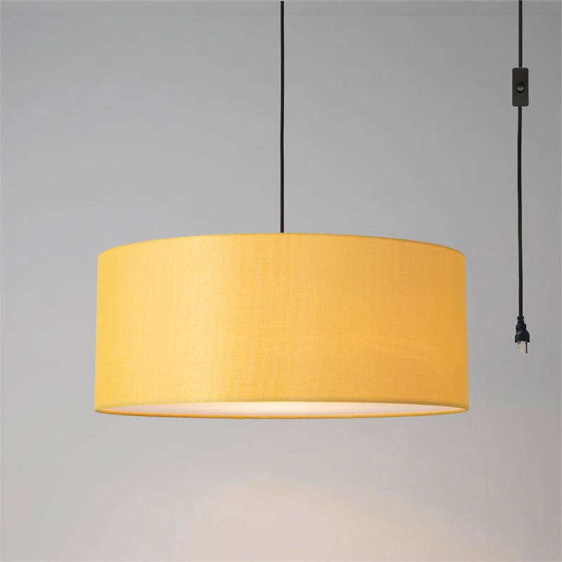 Stretch Swag Lamp Mustard Linen Drum Shade Weathered Brass