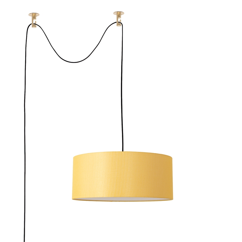 Stretch Swag Lamp Mustard Linen Drum Shade Weathered Brass