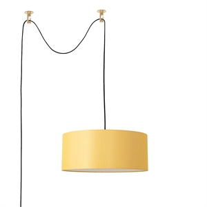 Stretch Swag Lamp Mustard Linen Drum Shade Weathered Brass