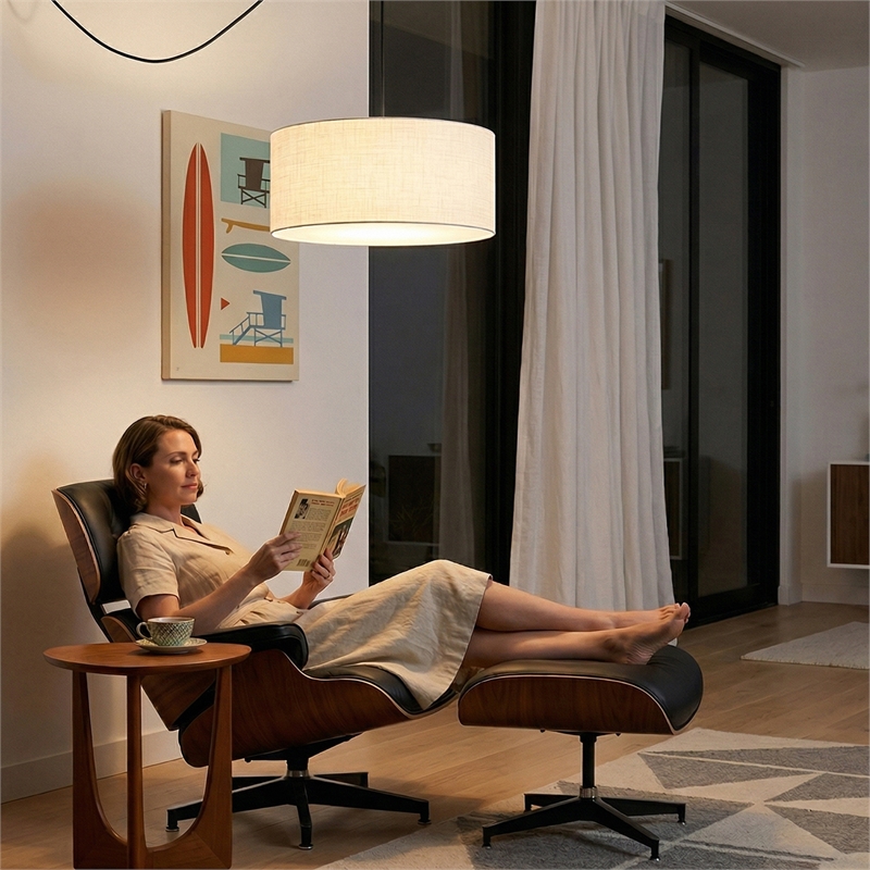 Stretch Swag Lamp White Linen Drum Shade Weathered Brass