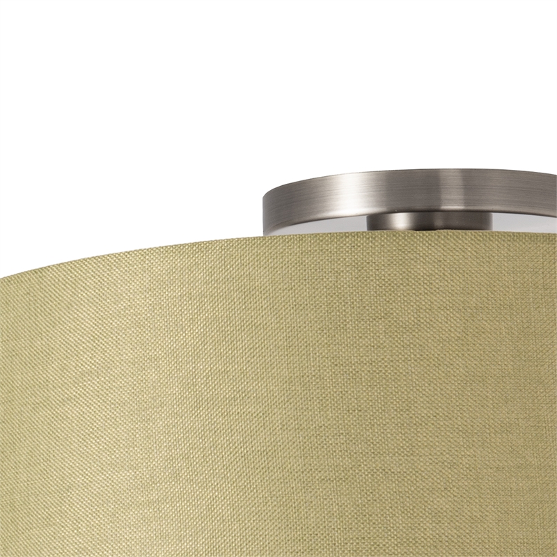 Stretch Flush Mount Avocado Linen Drum Shade Satin Nickel
