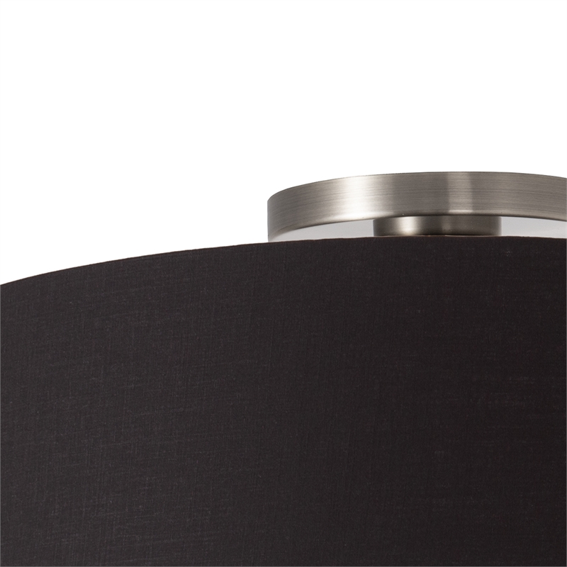 Stretch Flush Mount Black Linen Drum Shade Satin Nickel