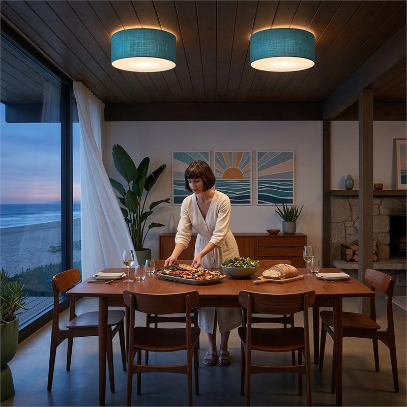 Stretch Flush Mount  Pool Blue Linen Drum Shade Satin Nickel