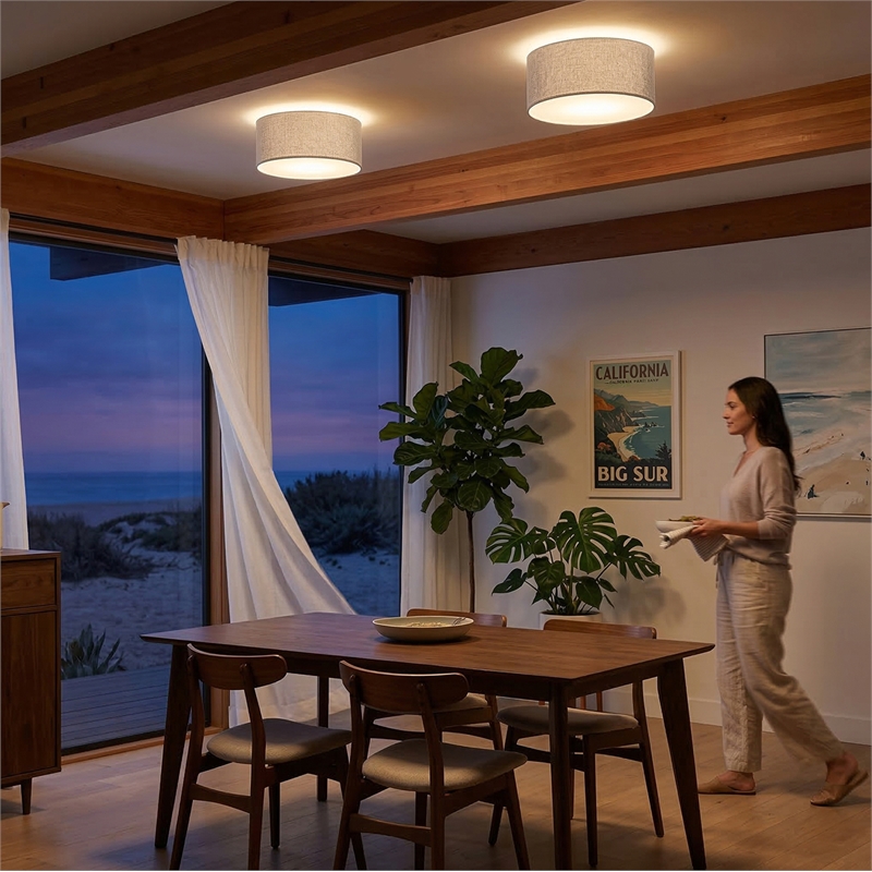 Stretch Flush Mount Cashmere Gray Linen Drum Shade Satin Nickel