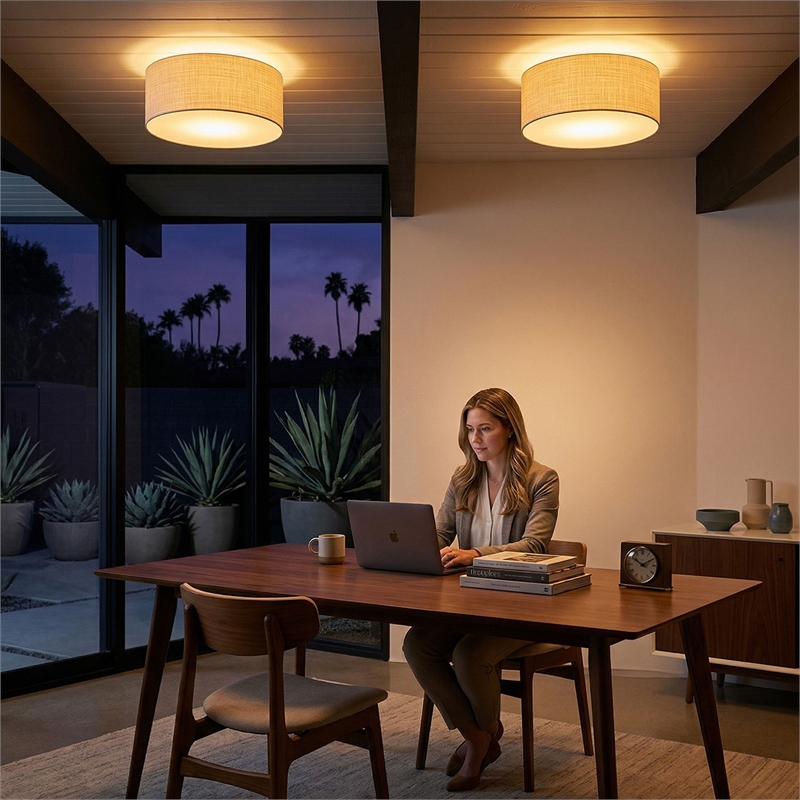 Stretch Flush Mount White Linen Shade Weathered Brass