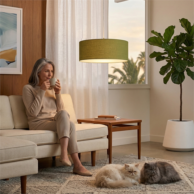 Stretch Pendant - Satin Nickel Avocado Linen Shade Dimmable Bulb Included