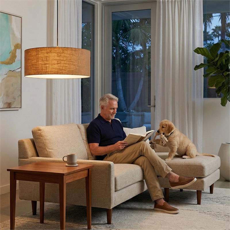 Stretch Pendant - Weathered Brass Burlap Shade Dimmable Bulb Included