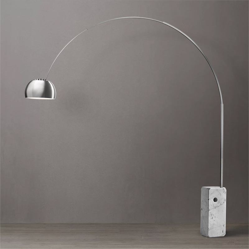 Iconic Arched LED Floor Lamp White Marble Block Base Satin Nickel